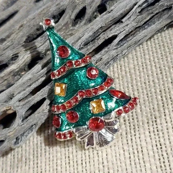 90s Y2K Vtg Christmas Tree Red Green Silver Rhinestone Enamel Sweater Pin Brooch - Picture 1 of 5